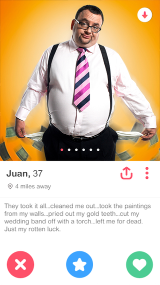 Illustration for article titled Tinder Fail: 7 Profile Photos Of Men Frowning And Pulling Out Their Empty Pockets That We Are Definitely Swiping Left On
